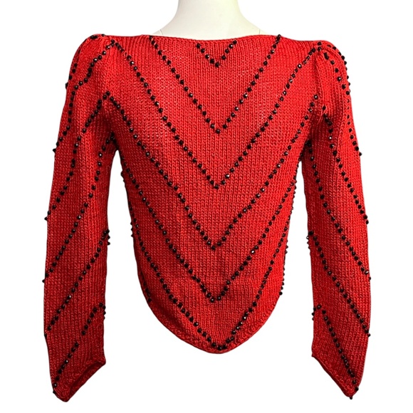 Nannell Beaded Sweater Red Black Vintage 80’s Hand-knit Rayon Blend Size Small - Picture 5 of 10